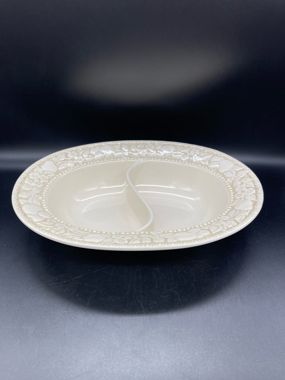 Vintage Metlox Vernon Ware Embossed Antiqua Divided Oval Serving Bowl 12" Calif